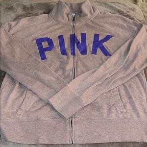 PINK Zip-Up Sweatshirt in tan with Purple Logo